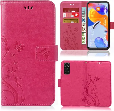 A collage of images showing a pink phone case for a Xiaomi Redmi Note 11 Pro / 11 Pro 5G. The case is shown open with cards and money inserted, closed, and from the back.