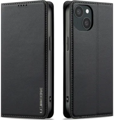 Immagine prodotto di Custodia magnetica in pelle flip per iPhone 14/iPhone 13, con slot per schede e funzione stand Nero
