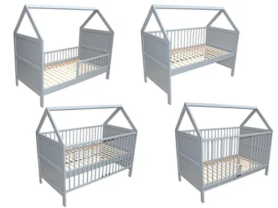 Produktbild von Babybett Kinderbett Juniorbett Beistellbett Bett Haus 140x70 cm umbaubar massiv grau 0 bis 6 Jahre