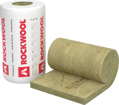A roll of Rockwool insulation and a piece of insulation laid flat.
