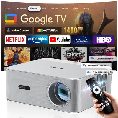 Obrázok produktu pre Projektor OSCAL PV800 PRO, 1400 ANSI lumenov, podpora 4K, Google TV, automatické zaostrovanie, Wi-Fi 6, obraz s uhlopriečkou 200 palcov, tichý prevádzka pod 35 dB
