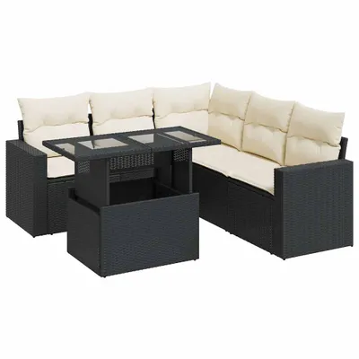 Produktbild von Garten-Lounge-Set 6-teilig, Poly Rattan Schwarz, verstellbarer Tisch, Stauraum, wasserfester Beutel, Kissen Cremeweiß, UV-beständig