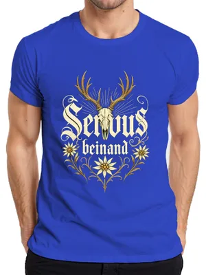 Imagen del producto de Camiseta para hombre, diseño "Servus", con motivos de ciervo, Edelweiss y bávaros, color azul, talla S