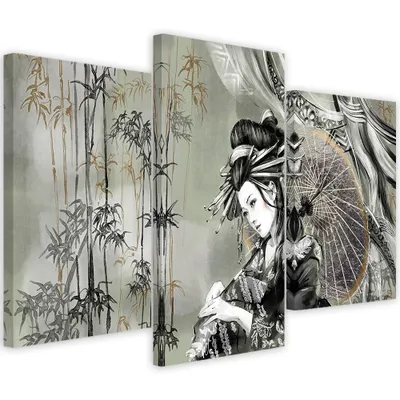 Produktbild von Triptychon auf leinwand geisha und bambus 60x40 cm Feeby braun wandbild bereit zum aufhängen