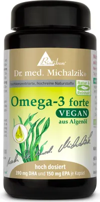 A product shot of a bottle of Omega-3 forte vegan supplements.