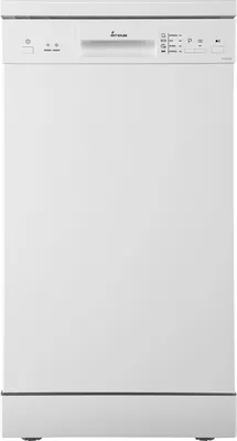 A front view of a white freestanding dishwasher.