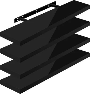 A set of four black floating shelves mounted on a black bracket against a white background.
