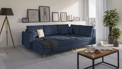 Produktbild von S-STYLE MÖBEL - Fußhocker mit Holzfüßen im skandinavischen Stil Marco aus Dunkelblau Luxusmicrofaser - B/T/H: 118 cm/73 cm/40 cm