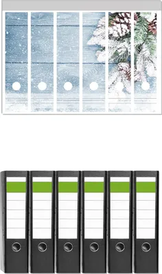 Produktbild von Wallario 6 Stück breite Ordner inkl. Klebeetiketten mit Motive Verschneite Tannenzweige auf Holz - Winterdekoration -  Set mit Rückenschildern / Ordnerrücken Stickern