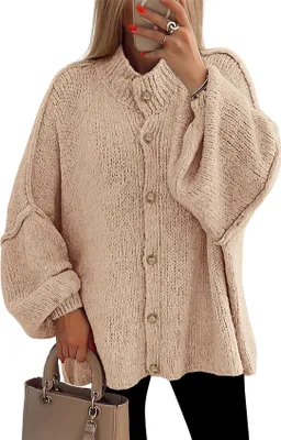 Produktbild von ASKSA Damen Strickjacke Knopfleiste Strickpullover Elegant Laternenaermel Pullover Einfarbig Vintage Locker Casual Winter Strick Cardigan Sweater (Aprikose,L)