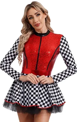 Produktbild von Damen Rennfahrerin Kostüm S – Glitzernder Langarm Jumpsuit mit Rock | Pailletten Racer Overall für Karneval, Party, Fasching & Halloween