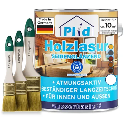 Produktbild von Plid Holzlasur Innen & Aussen Weiß 0,75L+ Lasurpinselset 3 tlg. / Holzschutzlasur Außen mit UV beständigem Langzeitschutz - Grundierung Holz Außen
