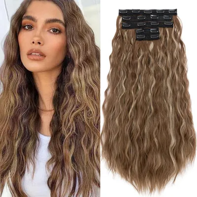 Produktbild von Clip in Extensions Lockig 60 cm Hellbraun mit Aschblond 5er Set 250g Synthetik