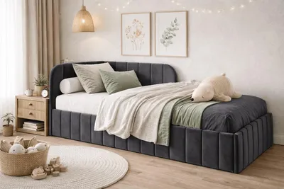 Produktbild von Bett Mario 120x200 cm, Polsterbett mit Metallrahmen, Jugendbett mit Bettkasten, Jasmine-Stoff, Graphit, Links