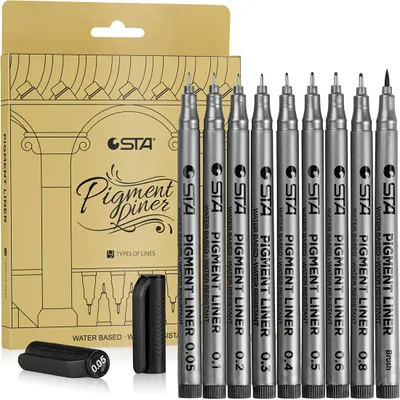 Produktbild von RAGI Fineliner Schwarz 9 Stück Set Zeichenstifte Pigmentliner Stifte Set für Kalligraphie Skizzieren Künstlerbedarf Zeichenzubehör mit Pinselspitze