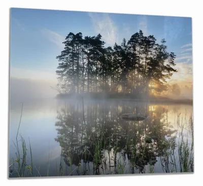 Produktbild von Wallario Herdabdeckplatte aus Glas, Größe 60 x 52 cm 1-teilig, Motiv Stiller See mit Insel im Morgennebel