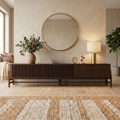 Produktbild von Lowboard ADAMO 220 cm aus Massivholz, Nussbaum Finish - TV Kommode mit Lamellentüren, TV Lowboard für Wohnzimmer, Sideboard mit 2 Schubladen, Wohnzimmer TV Schrank