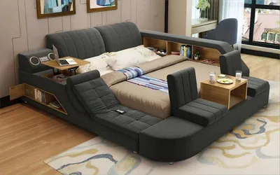 Image de Lit multifonctionnel moderne gris en tissu, lit double, connexion USB