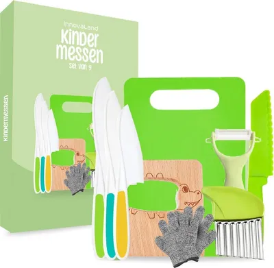 Productafbeelding van Kinderen bestekset 9-delig, voor keuken, kindermessen met snijplank en schiller, vanaf 3 jaar
