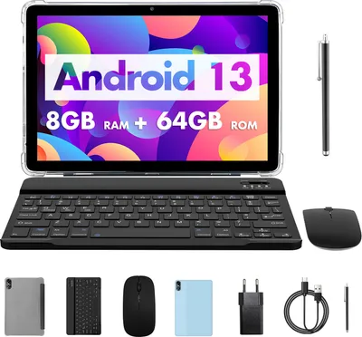 Image de PRITOM 10 pouces Android 13 Tablet, 8(4+4 extensible)GB+64GB 1TB extensible, WiFi 6, haut-parleur double-boîte, BT5.0, avec clavier, souris, housse, bleu clair