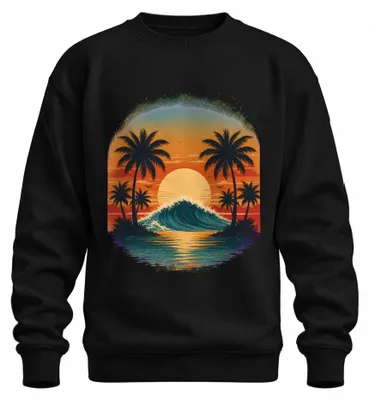 Imagen del producto de Sudadera con cuello redondo, diseño retro de atardecer, palmeras, olas, surf, playa, Hawái, estilo años 80, color negro, talla XXL