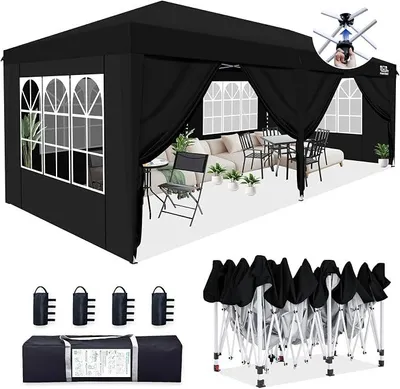 Obrázek produktu pro Pavilon 3x6, skládací pavilon se 6 bočními stěnami (černý, 3 * 6 m) | Skládací pavilon, vodotěsný, stabilní, vhodný i pro zimu, ochrana proti UV záření 50+, párty stan pro zahradní oslavy a svatby