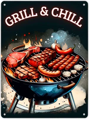 Produktbild von Grill Metallschild XL in 21x28 cm mit Spruch Grill und Chill
