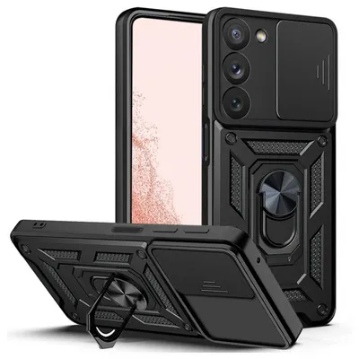 A black phone case with a sliding camera cover and a ring stand, shown from multiple angles.