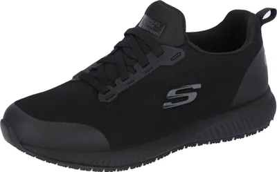A black Skechers work shoe is shown from a side angle against a white background.