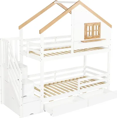 Produktbild von Flieks Etagenbett 90x200cm mit 2 Schubladen, Kinderbett Hausbett mit Fenster und Fensterkante, Hochbett mit Rausfallschutz und Lattenrost für 2 Kinder