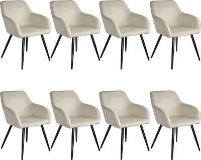 A set of eight beige dining chairs with black legs, arranged in two rows of four.