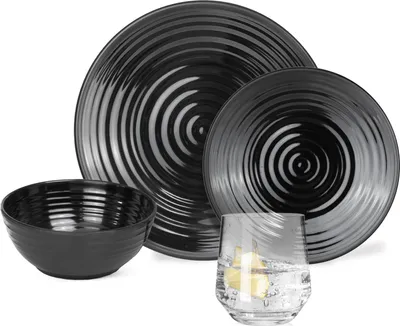 Produktbild von Melamin Camping Geschirr Set 4 Personen Stone Dark Black + 4 Milano Gläser Wassergläser Tafelgeschirr Picknick BBQ Kochgeschirr