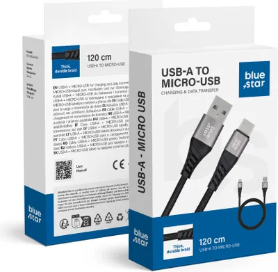 Produktbild von Blue Star, USB / Micro-USB 2A Ladekabel Synchronisation Nylon Geflochten 1.2m, Schwarz