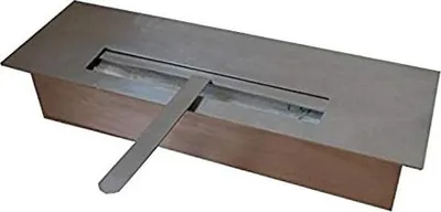 A rectangular ethanol burner with a silver-colored top and a wooden-colored base, shown from a diagonal angle.