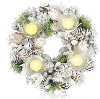 Produktbild von COM-FOUR® Tischkranz für Weihnachten - weißer Adventskranz mit Glitzer - Dekokranz mit 4 Teelichthaltern - Weihnachtskranz mit Kerzenhalter