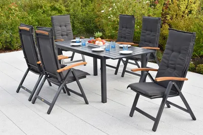 Produktbild von Tilos Gartenmöbel Set 13tlg., 6 Klappsessel, 6 Auflagen, Ausziehtisch 150 (200) x 90 cm, Aluminium/Akazie
