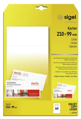 Obrázok produktu pre Sigel LP713, Laserový, Biela, 185 g/m², 99 mm, 210 mm, 60 listy