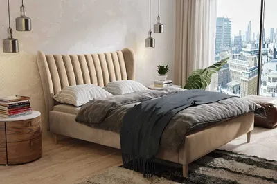 Produktbild von AGMAT Polsterbett OSLO mit Kopfteil, 140 x 200 cm, Doppelbett mit Bettkasten und Lattenrost aus Metall, Velourstoff: Beige