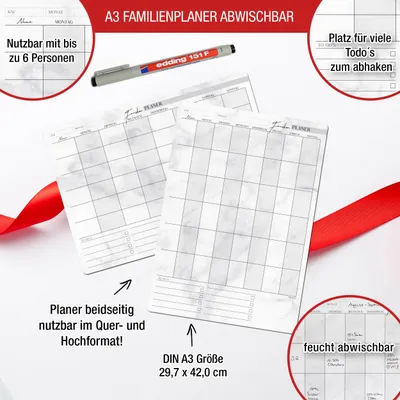Produktbild von Familienplaner abwischbar inkl. Stift - Wochenplaner abwischbar in DIN A3 für Familie | Wiederbeschreibbar Blatt mit wasserlösliche Stifte | Memoboard Küche