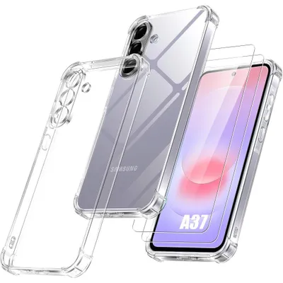 Image de Coque + 2 Verres Trempés pour Samsung Galaxy A37 5G, Silicone Antichoc Coins Renforcés Transparent