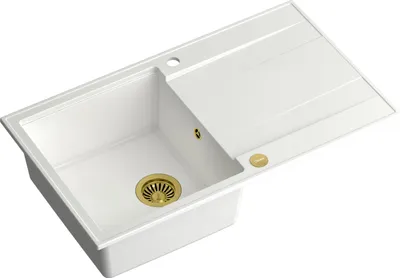Produktbild von QUADRON Spülbecken 1-Becken Spüle | Größe: 86 x 50 x 21 cm | EVAN 111 | Küchenspüle Granitspüle aus GraniteQ mit Siphon | Weiß & Golden