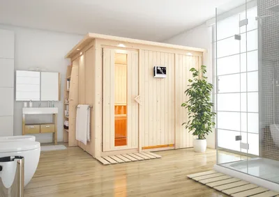 Produktbild von Karibu Sauna Innensauna Gobin Fronteinstieg Ofen 9 kW  externe Strg easy 245x210x202 cm mit Dachkranz mit Energiespartür