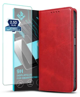 Produktbild von Handyhülle für Samsung Galaxy A16 / A16 5G mit 9H Displayglas Kunstleder Flip Cover Hülle Klapphülle Case Kartenfach Farbe: Rot