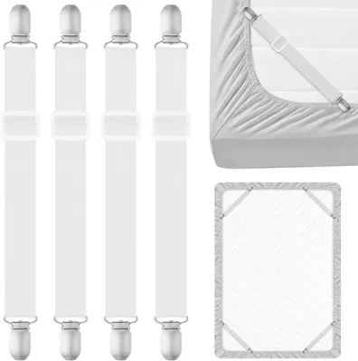 Produktbild von 4 Bettlaken-Clips – verstellbare Greifer für Bettwäsche, weiße Clips zur sicheren Befestigung von Bettlaken