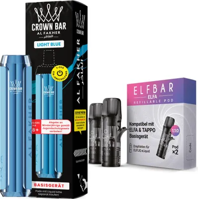 Productafbeelding van Al Fakher Crown Bar 600 Pod Kit, hemelsblauw – 500 mAh batterij met 2 x 1,1 Ohm pods, USB-C, 2 ml pod systeem, geschikt voor zowel DTL als MTL, oplaadbaar, zonder vloeistof