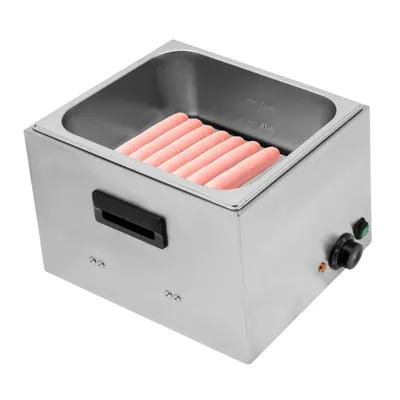 A stainless steel hot dog warmer filled with hot dogs, shown from a slightly elevated angle against a white background.