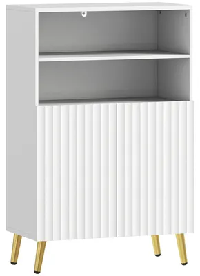 Image de Armoire de salle de bain avec portes à fermeture douce et étagères ouvertes | Couleur : Blanc, Or | Dimensions : 60 x 31,8 x 93 cm