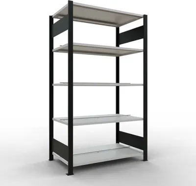 Produktbild von Schulte Büro-Fachbodenregal MULTIplus150 Stecksystem mit Mittelanschlag | Grundregal | Fachlast 150kg | 180x100x60cm | 5 Ebenen | Beidseitig nutzbar | Schwarz/Lichtgrau