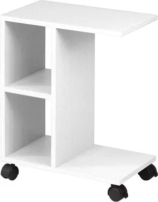A white rolling side table with shelves.