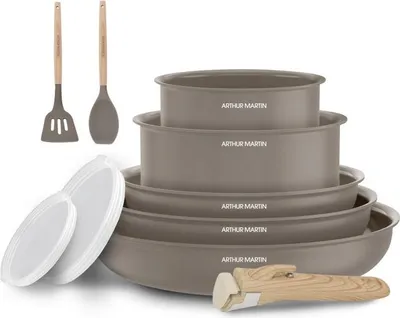 Image de Batterie de cuisine 10 pièces poignée amovible Taupe Arthur Martin AM0986